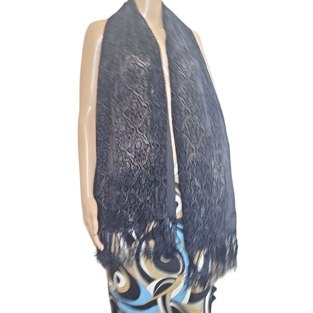 Vintage Medallion Fringe Velvet Sheer Scarf Shawl Wrap - Picture 2 of 3
